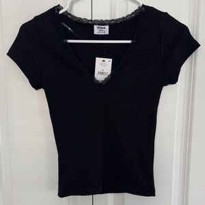 Cotton On Black V-Neck Lace Trim Tee